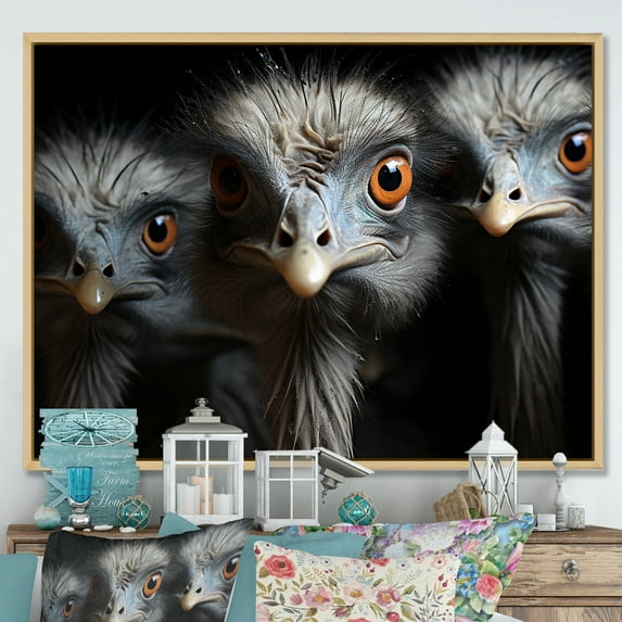 Designart "Chiaroscuro Mystery Of Ostriches" Ostriches Floater Framed Canvas Art Print