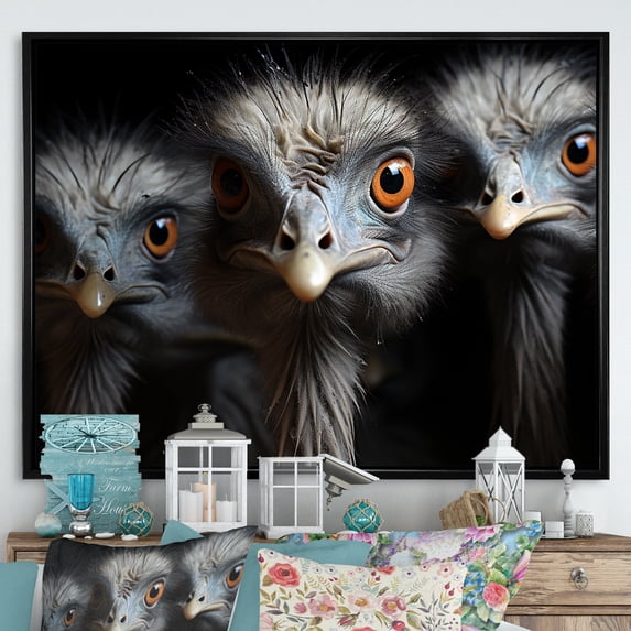 Designart "Chiaroscuro Mystery Of Ostriches" Ostriches Floater Framed Canvas Art Print