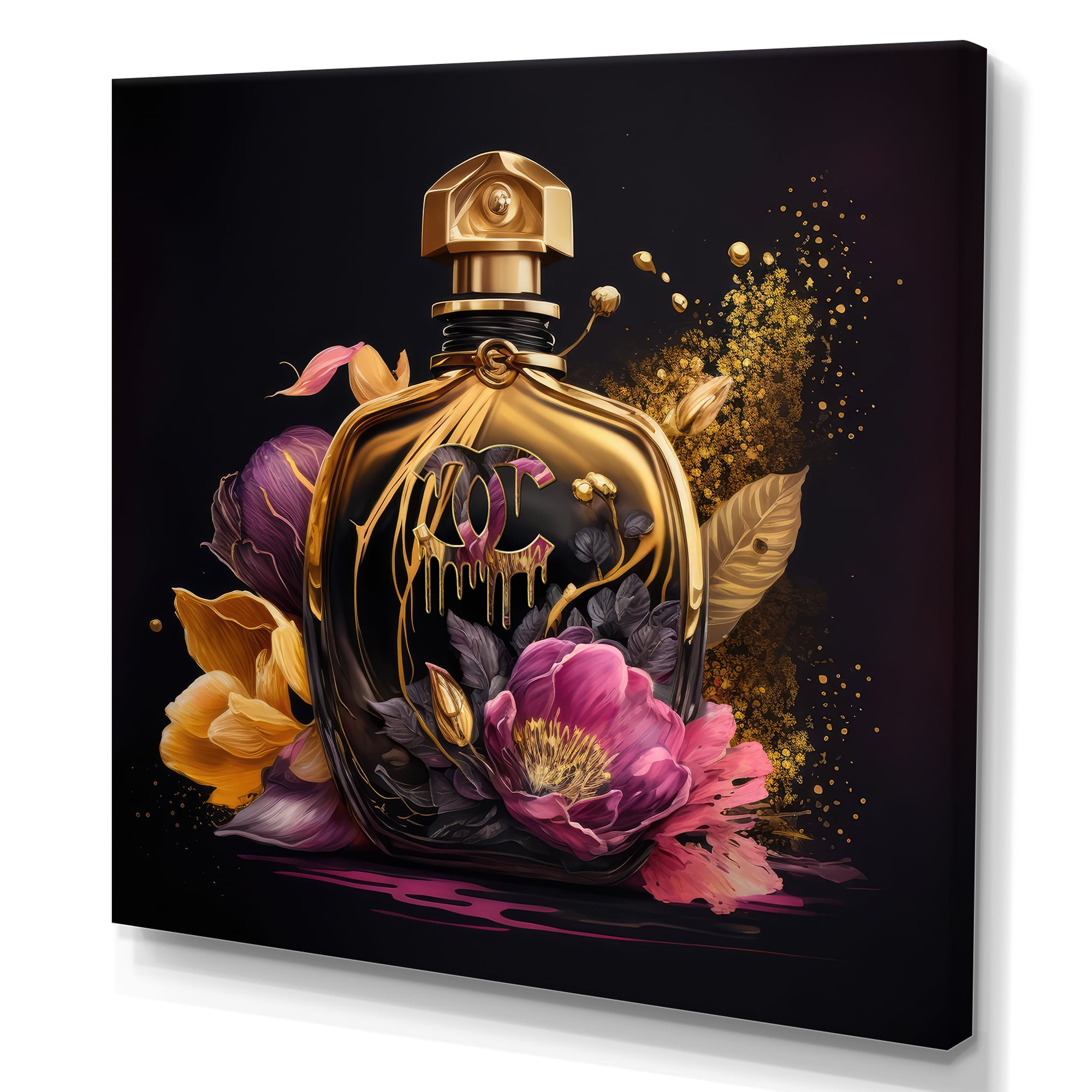 Designart Chic Black And Gold Perfume Bottle III Canvas Wall Art