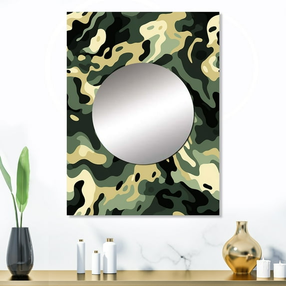 Designart "Chic Camouflage in Green and Black I" Camouflage Mirror Wall Decor - Modern Green Camouflage Mirror Wall Art For Bathroom - 32" x 24" Inch