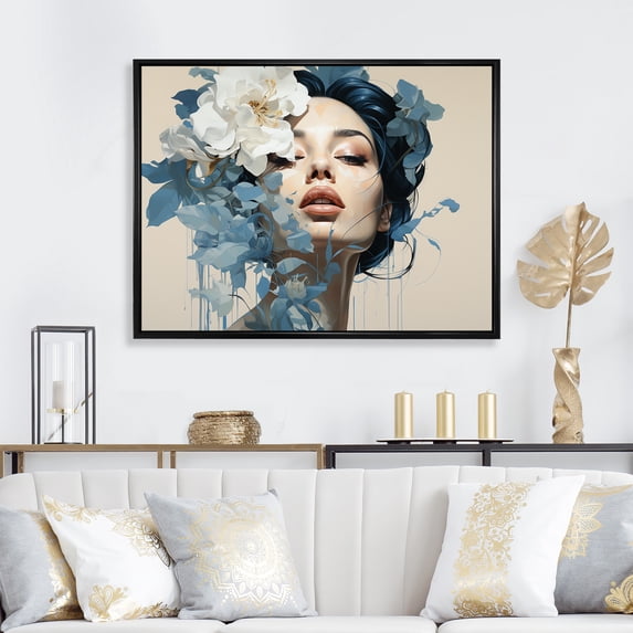 Designart "Chic Floral Portrait of Woman in Blue and Beige II" Fashion Framed Wall Art - Glam Blue Fashion Woman Living Room Framed Canvas Art