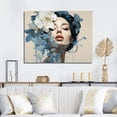 thumbnail image 1 of Designart "Chic Floral Portrait of Woman in Blue and Beige II" Fashion Wall Art - Glam Blue Fashion Woman Entryway Wall Art, 1 of 4