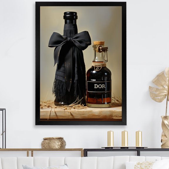 Designart "Chic Noir Perfume Elegance" Fashion Framed Wall Art - Glam Black Dior Hallway Framed Wall Art Decor