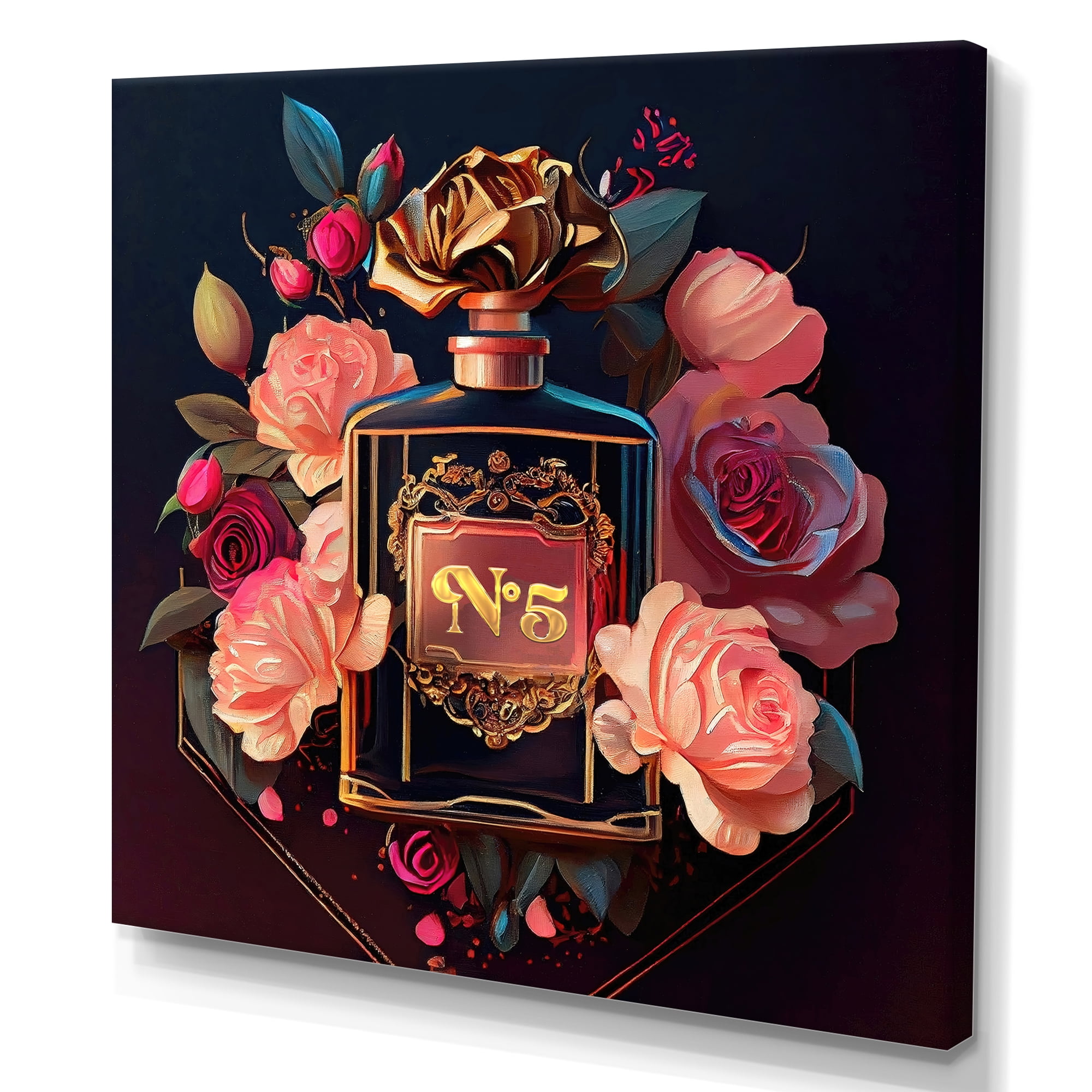 Glamorous Black and Pink Floral Perfume Canvas Art
