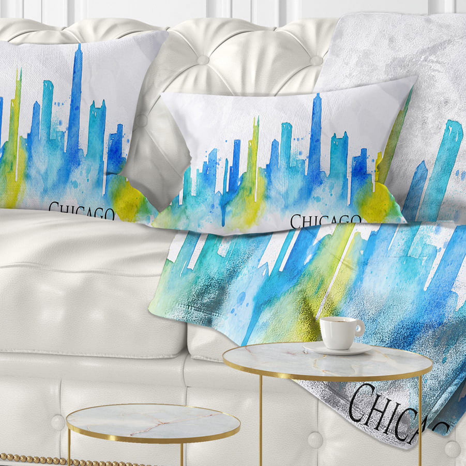 Designart Chicago Blue Green Silhouette - Cityscape Throw Pillow - 12x20