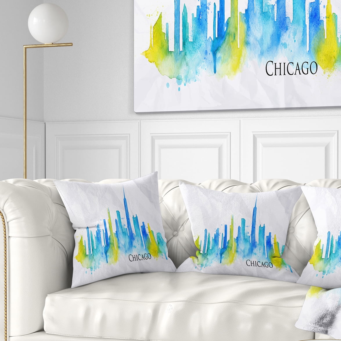 Designart Chicago Blue Green Silhouette - Cityscape Throw Pillow - 18x18
