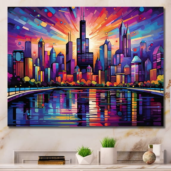 Designart "Chicago Cityscape Pop Art wall art I" Cityscapes Canvas Wall Art