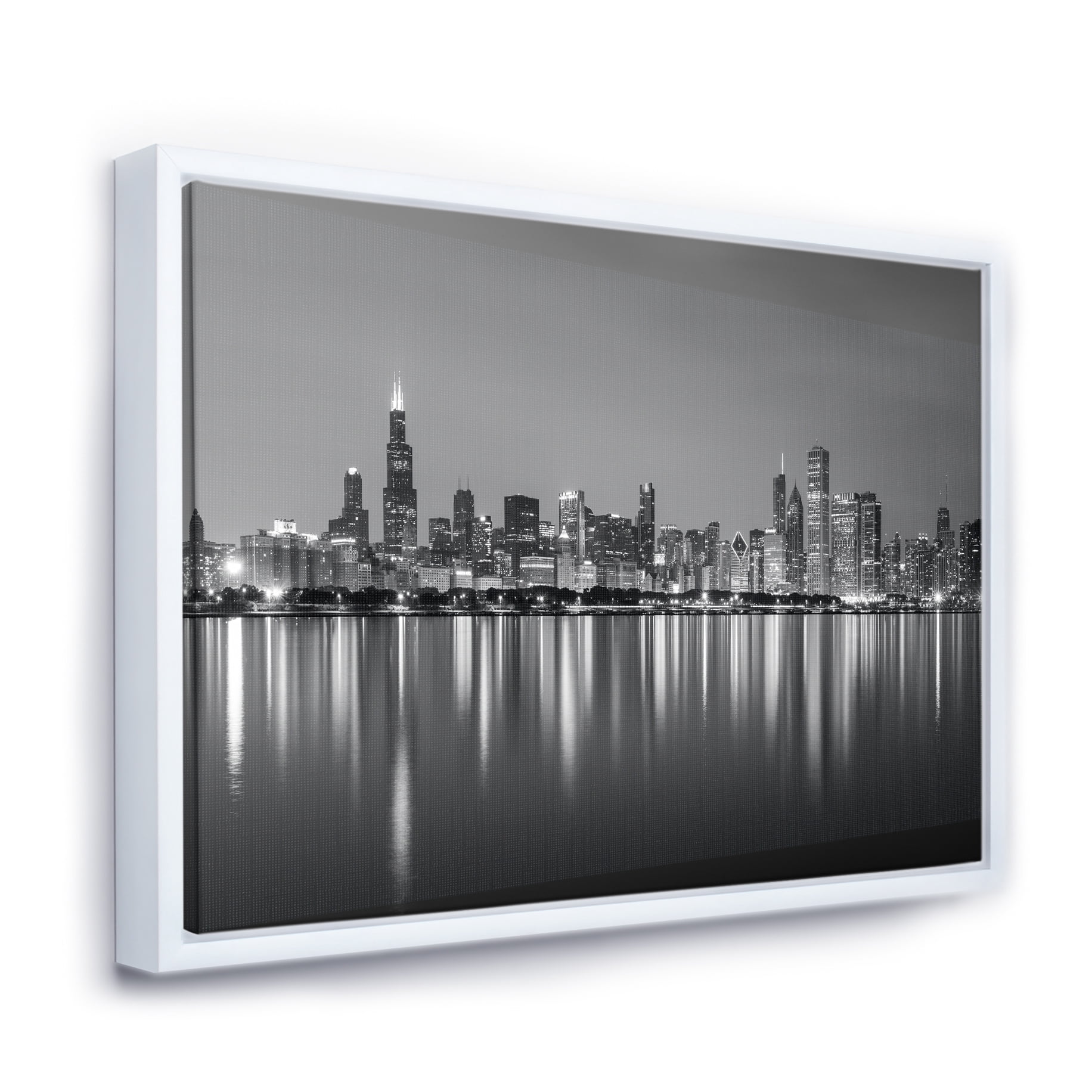 Designart ' Chicago Skyline at Night Black and White ' Cityscape Framed Canvas Print