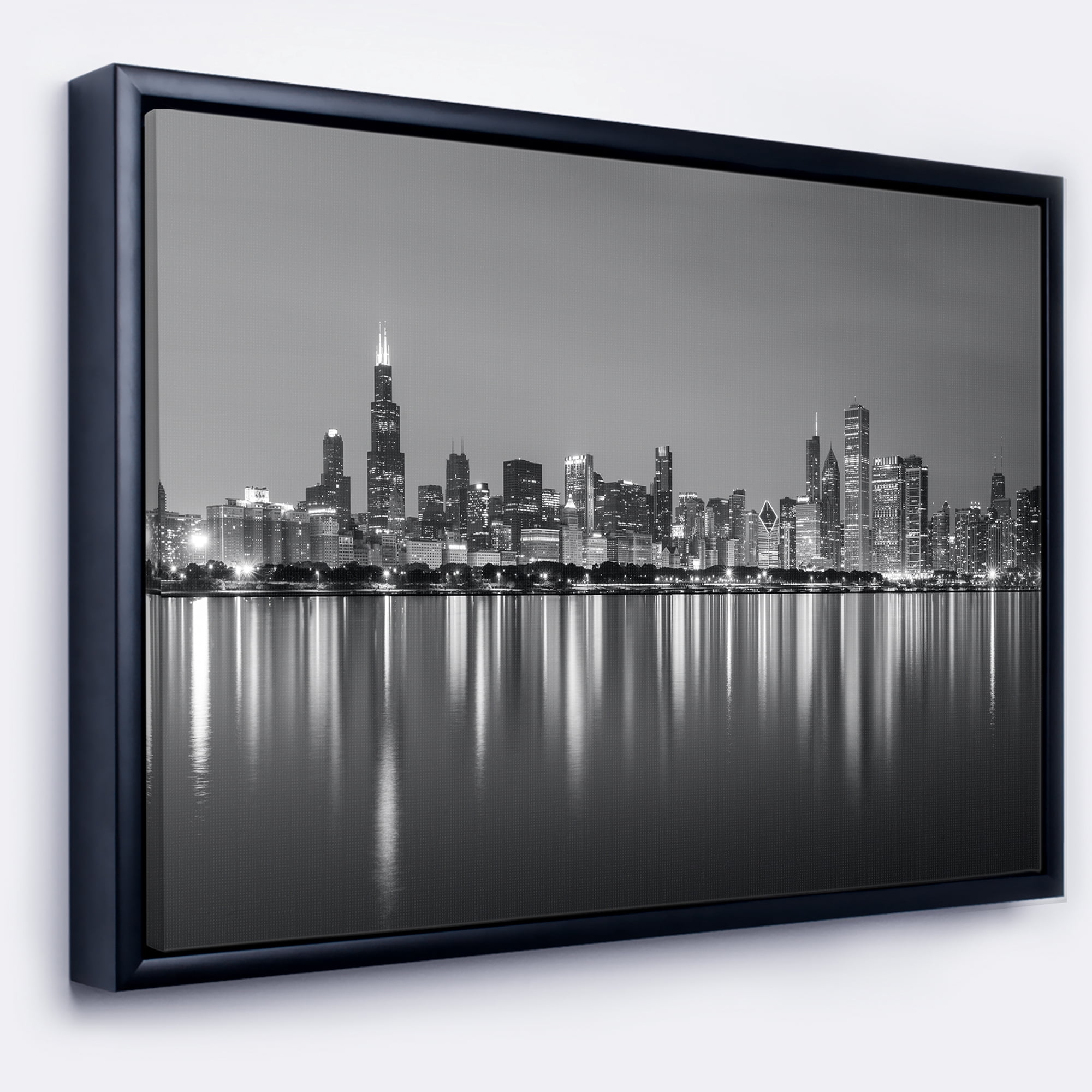 Designart ' Chicago Skyline at Night Black and White ' Cityscape Framed Canvas Print