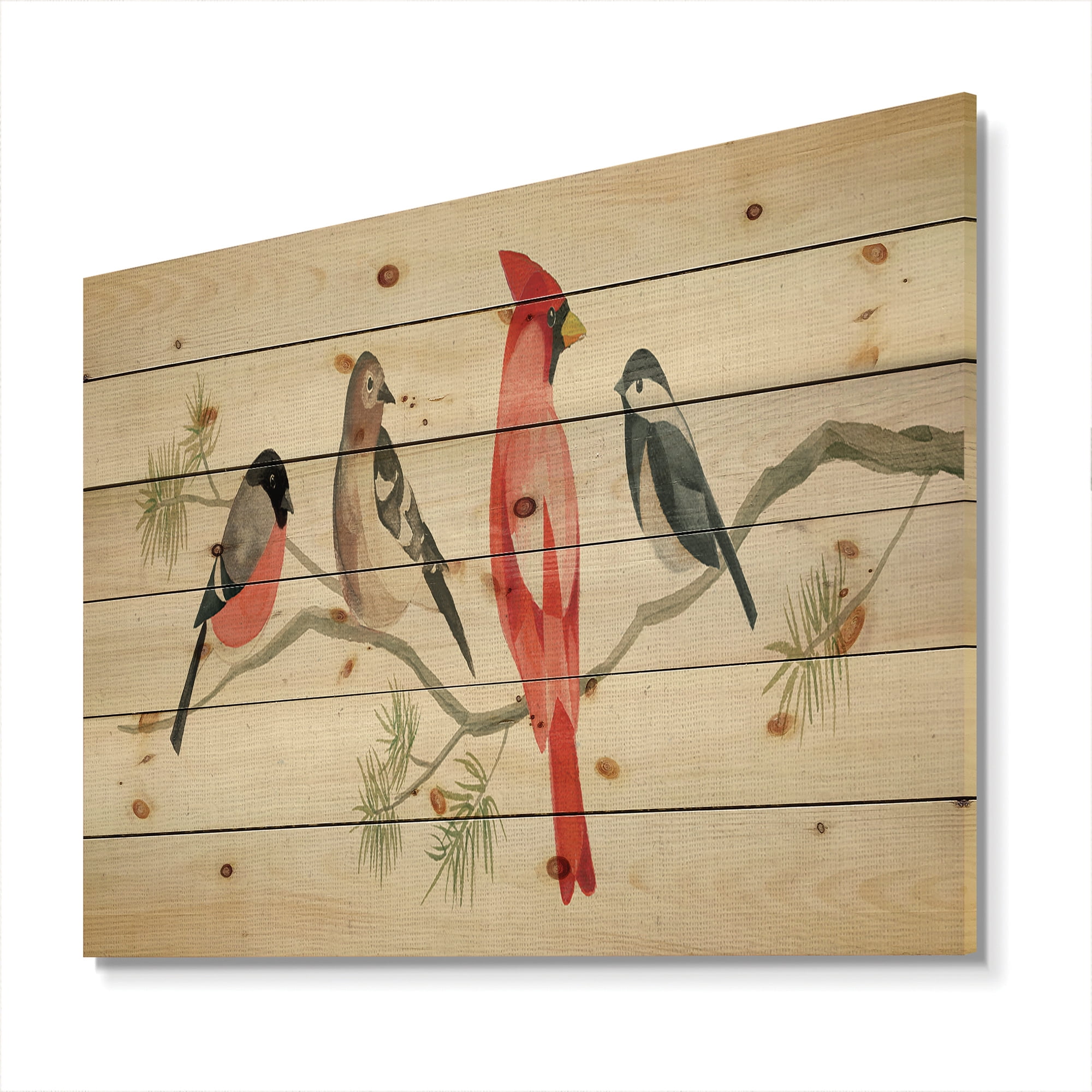 Designart 'Chickadee And Red Farmhouse Bird Sitting on Branch' Modern Farmhouse Print on Natural Pine Wood