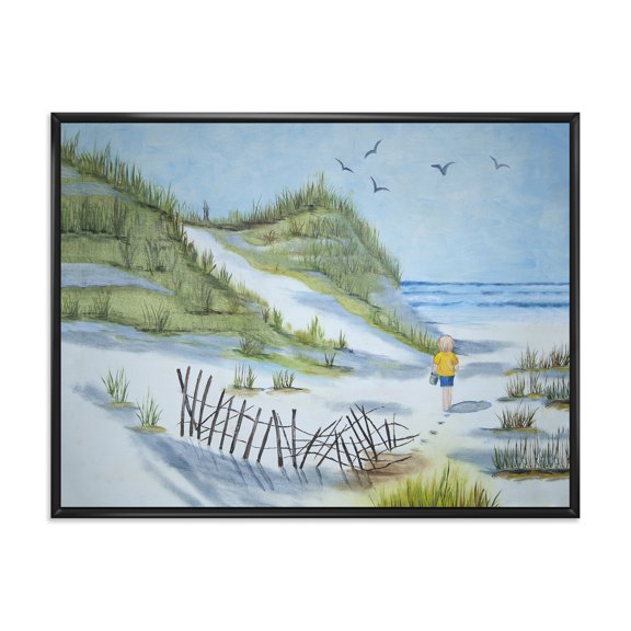 Designart 'Child Walking to The Beach' Nautical & Coastal Framed Canvas Wall Art Print