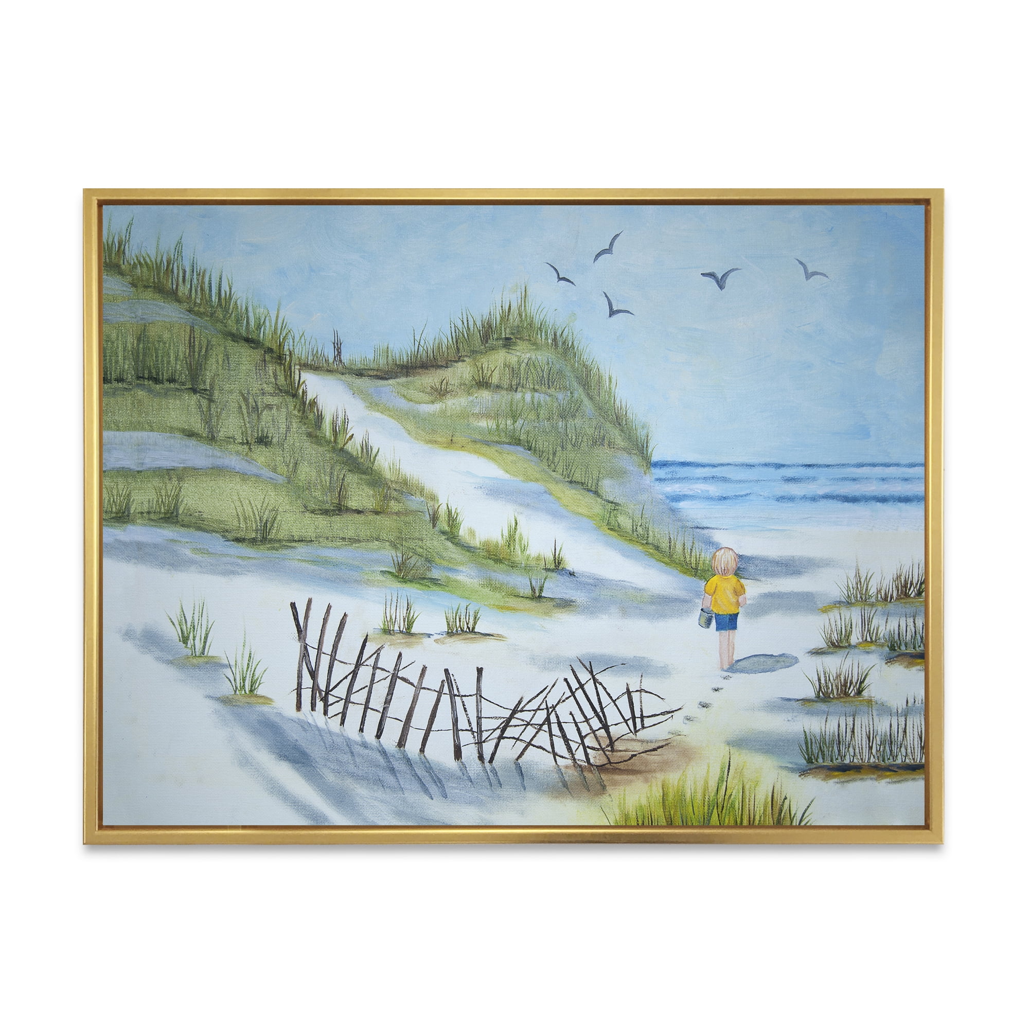 Designart 'Child Walking to The Beach' Nautical & Coastal Framed Canvas Wall Art Print