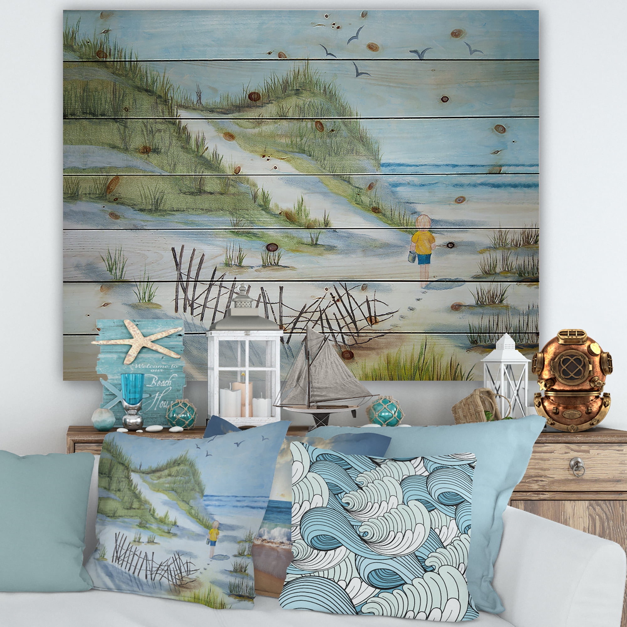 Designart 'Child Walking to The Beach' Nautical & Coastal Print on Natural Pine Wood
