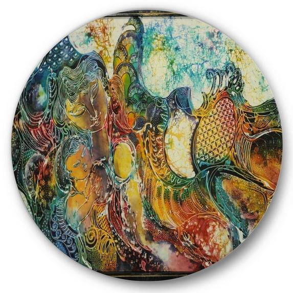 Designart 'Child With Mother With Batik' Modern Circle Metal Wall Art 36x36 - Disc of 36