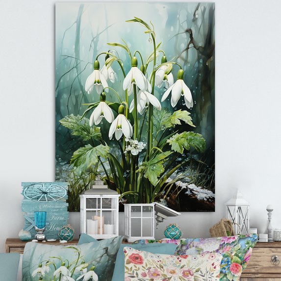 Designart "Chilled Forest Snowdrop Realism" Snowdrops Canvas Art Print