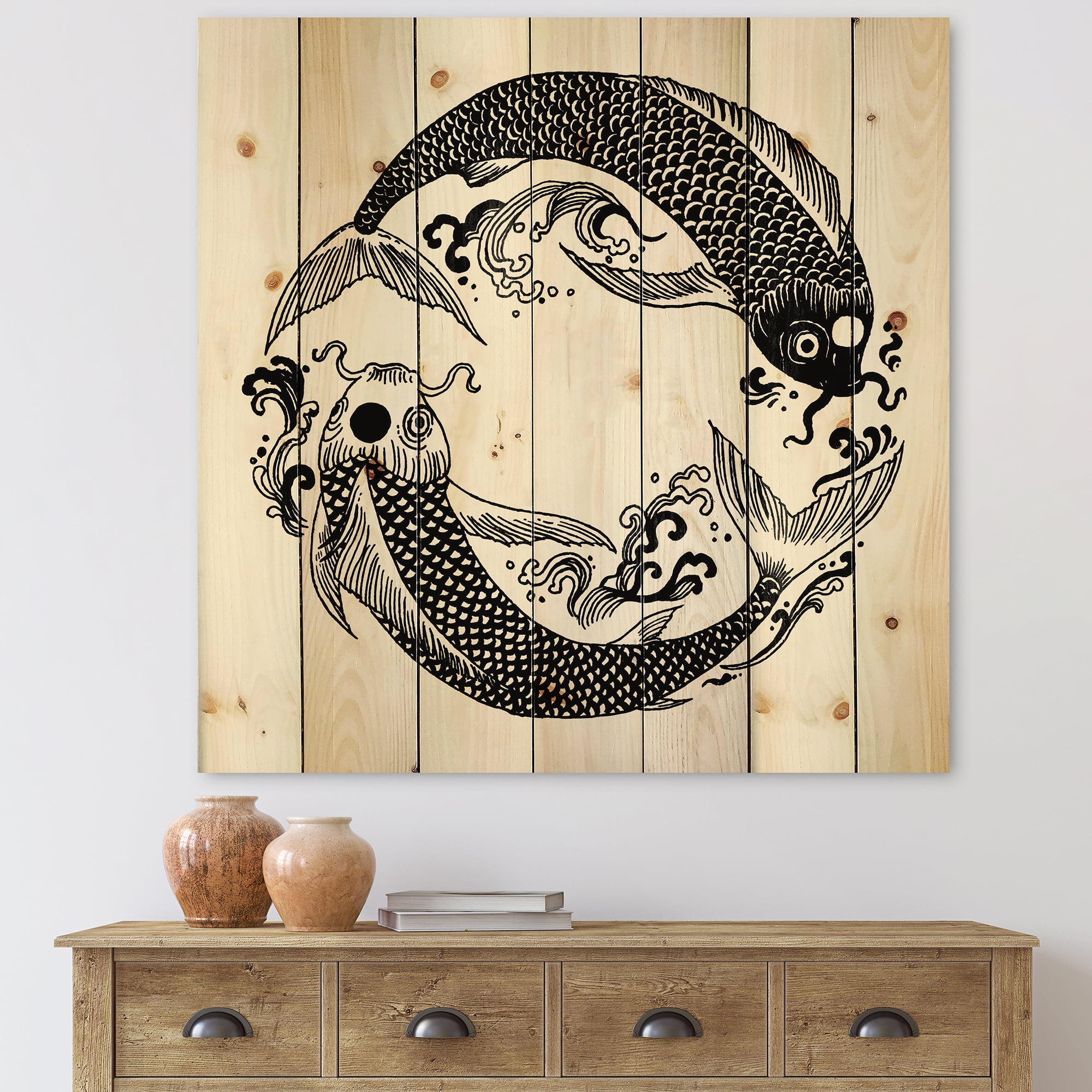 Black Koi Fish Coastal Print on Natural Pine Wood Wall Art