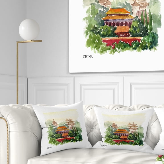 Designart China Vector Illustration - Cityscape Throw Pillow - 16x16