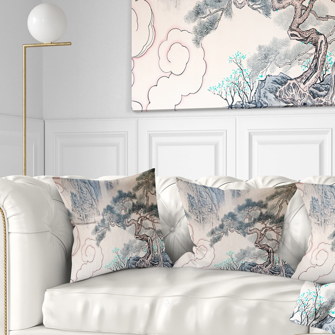 Designart Chinese Blue Tree Art - Floral Painting Throw Pillow - 18x18