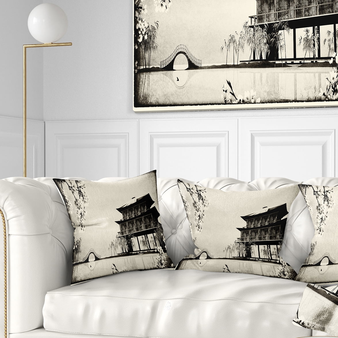 Designart Chinese Ink Painting - Chinese Landscape Printed Throw Pillow - 16x16