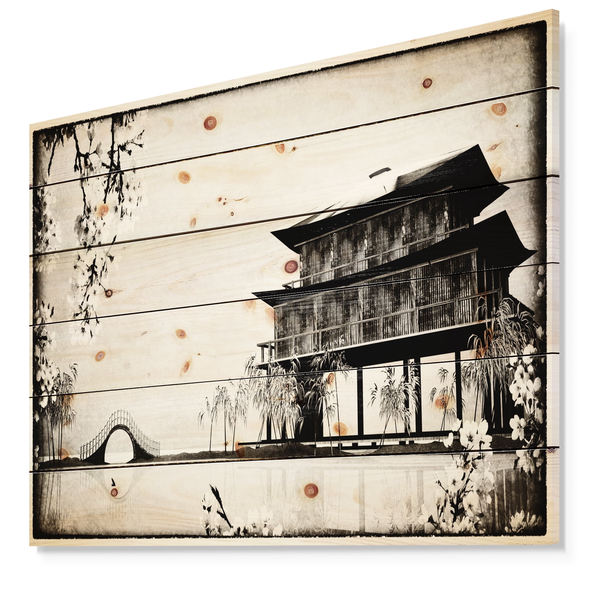 Designart Chinese Ink Painting Landscape Print on Natural Pine Wood Painting, 20" x 12"