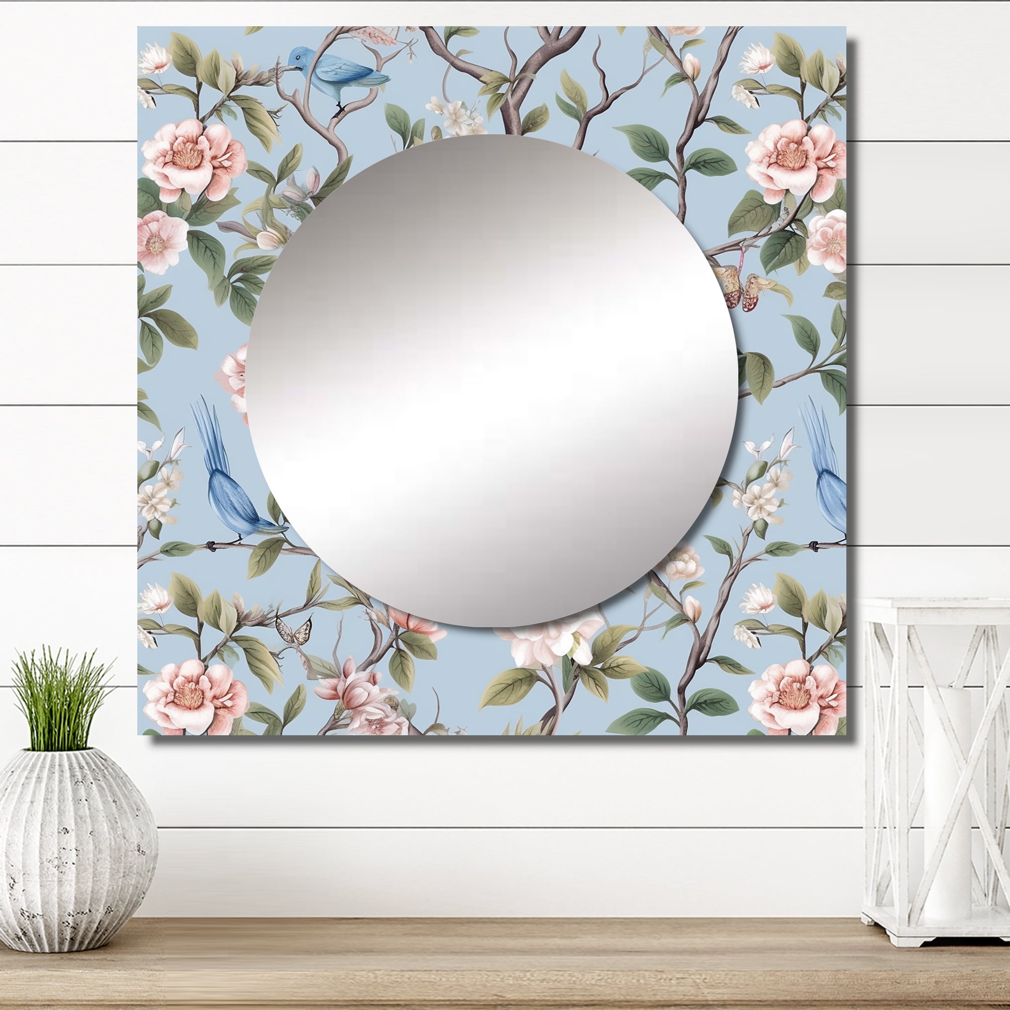 23" Square Blue Floral Metal Wall Mirror
