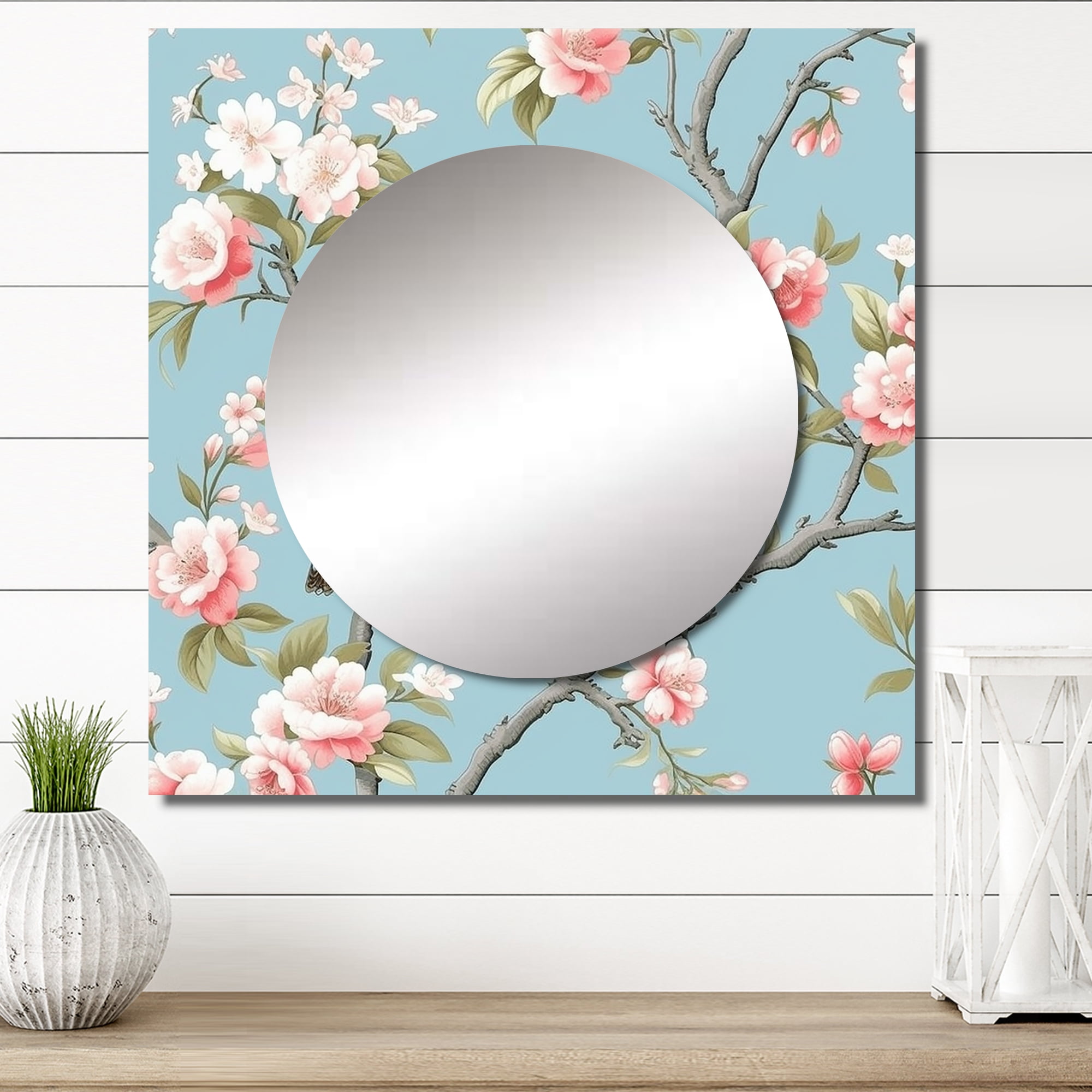 Large Blue Floral Square Vanity Mirror with Metal Frame