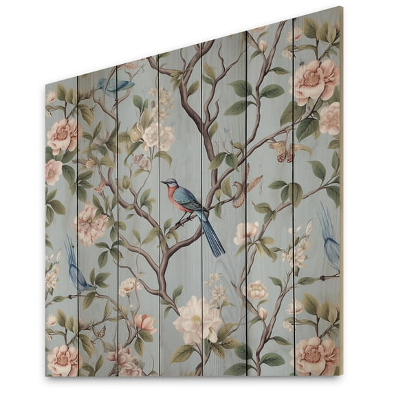 Designart "Chinoiserie Featuring Birds and Peonies XIII" Floral Print on Natural Pine Wood