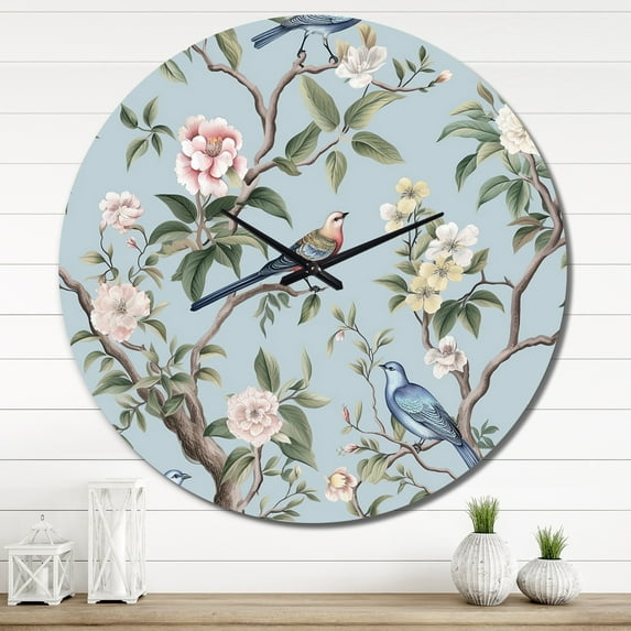 Designart "Chinoiserie Featuring Birds and Peonies XIV" Floral Oversized Wall Clock