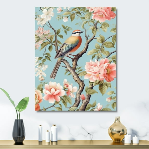 Designart "Chinoiserie Featuring Birds and Peonies XVII" Animals Bird Floral Metal Wall Decor