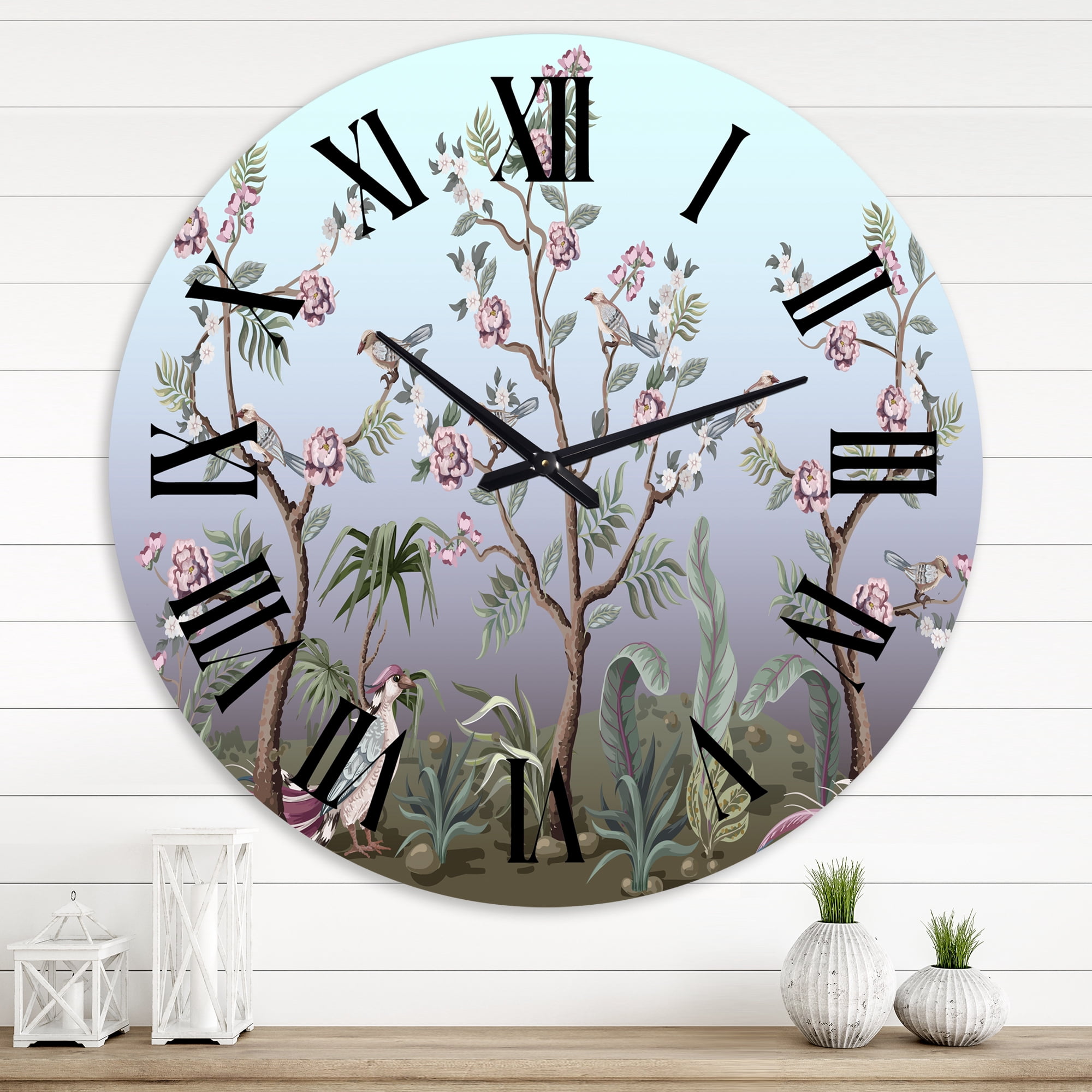 Designart 'Chinoiserie With Birds And Peonies Ii' Traditional Wall Clock