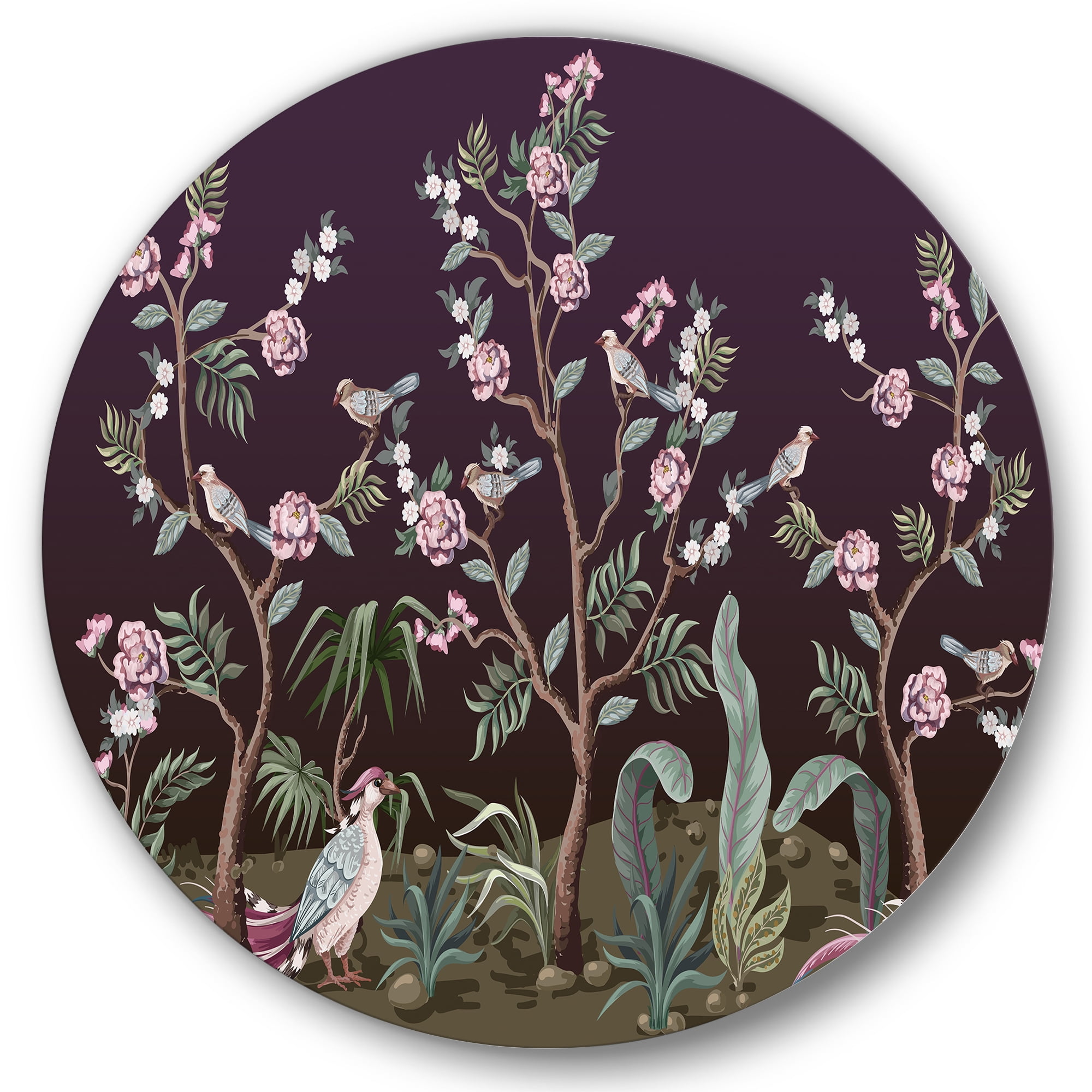 Designart 'Chinoiserie With Peonies and Birds I' Traditional Circle Metal Wall Art 23x23 - Disc of 23