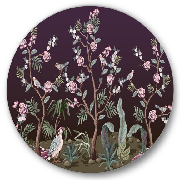 Designart 'Chinoiserie With Peonies and Birds I' Traditional Circle Metal Wall Art 29x29 - Disc of 29