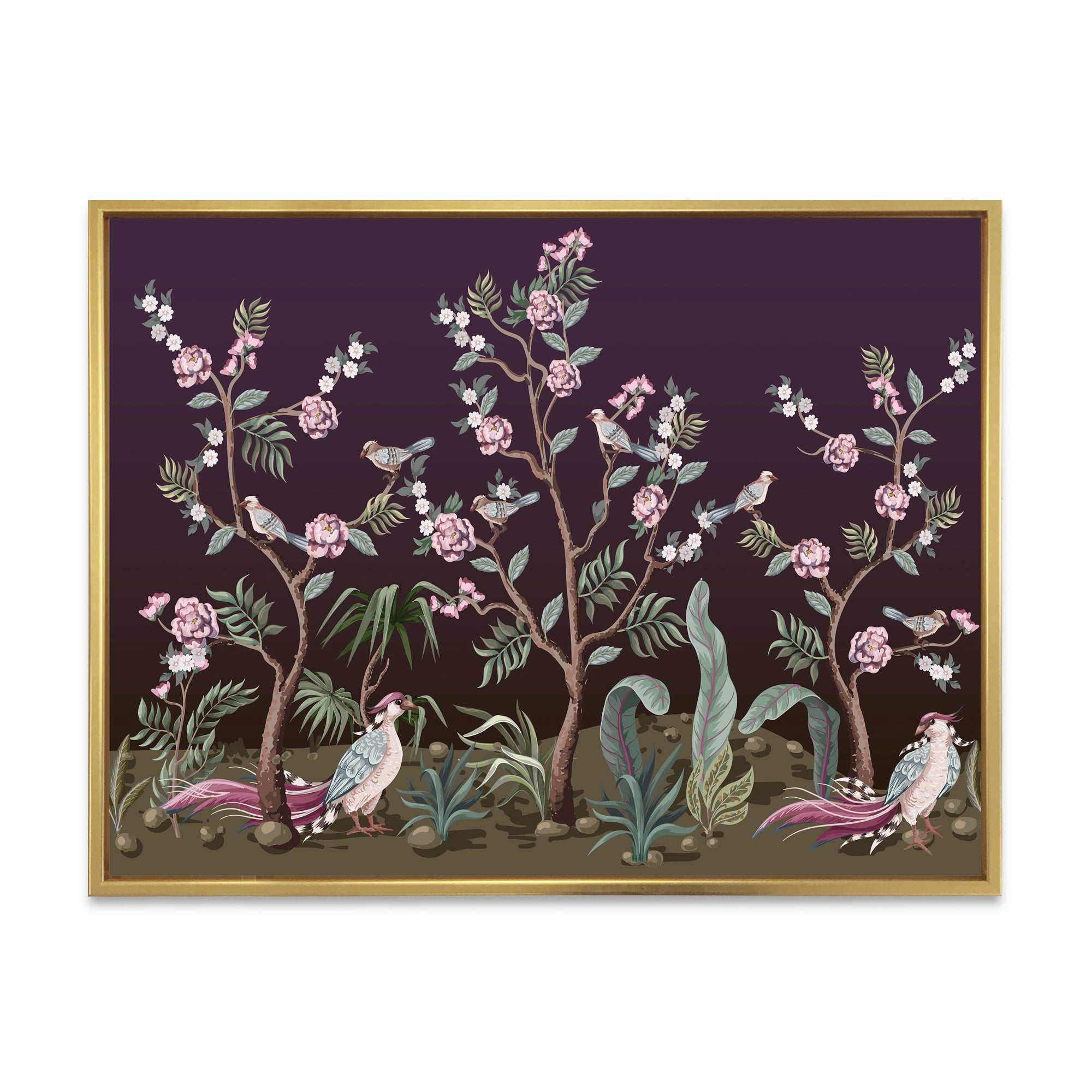 Designart 'Chinoiserie With Peonies and Birds I' Traditional Framed Canvas Wall Art Print