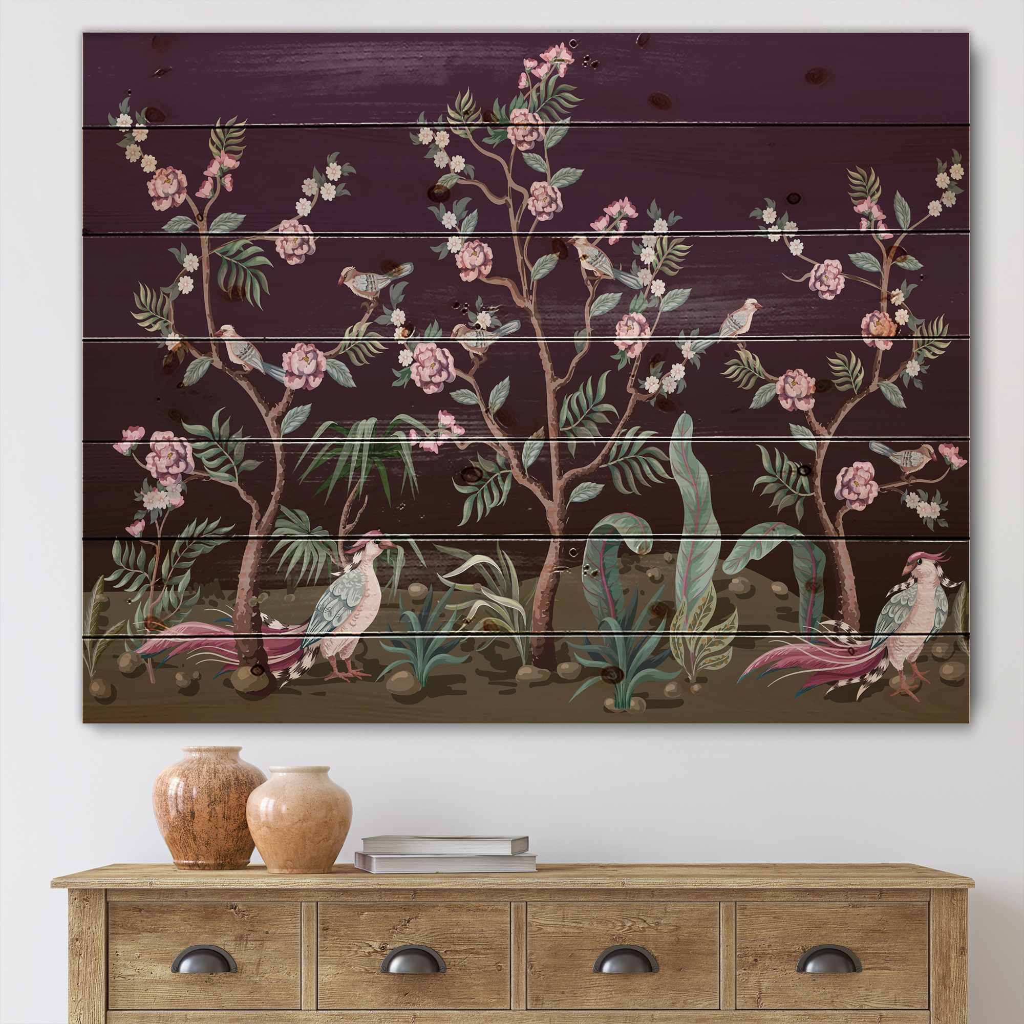Designart 'Chinoiserie With Peonies and Birds I' Traditional Print on Natural Pine Wood