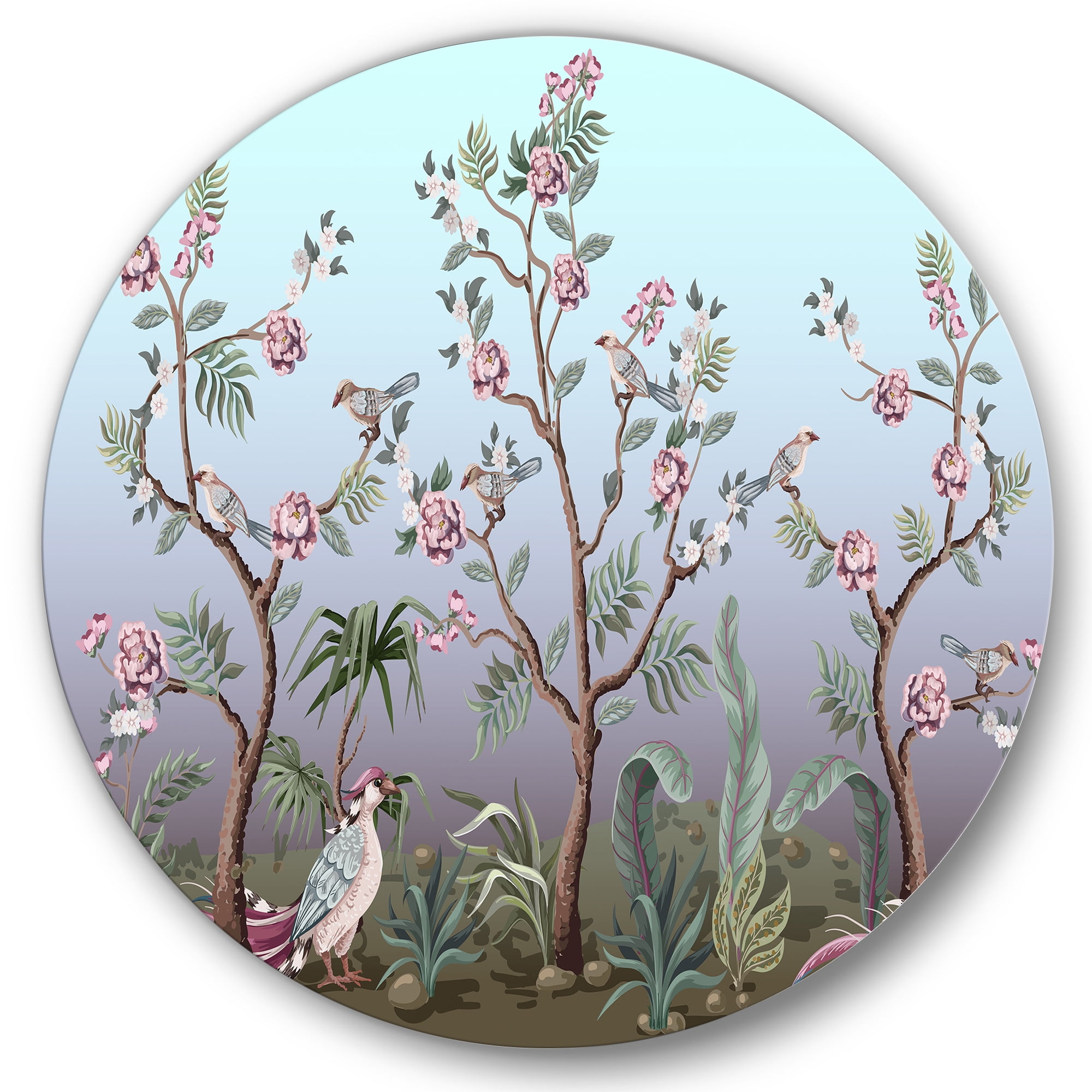 Designart 'Chinoiserie With Peonies and Birds II' Traditional Circle Metal Wall Art 29x29 - Disc of 29