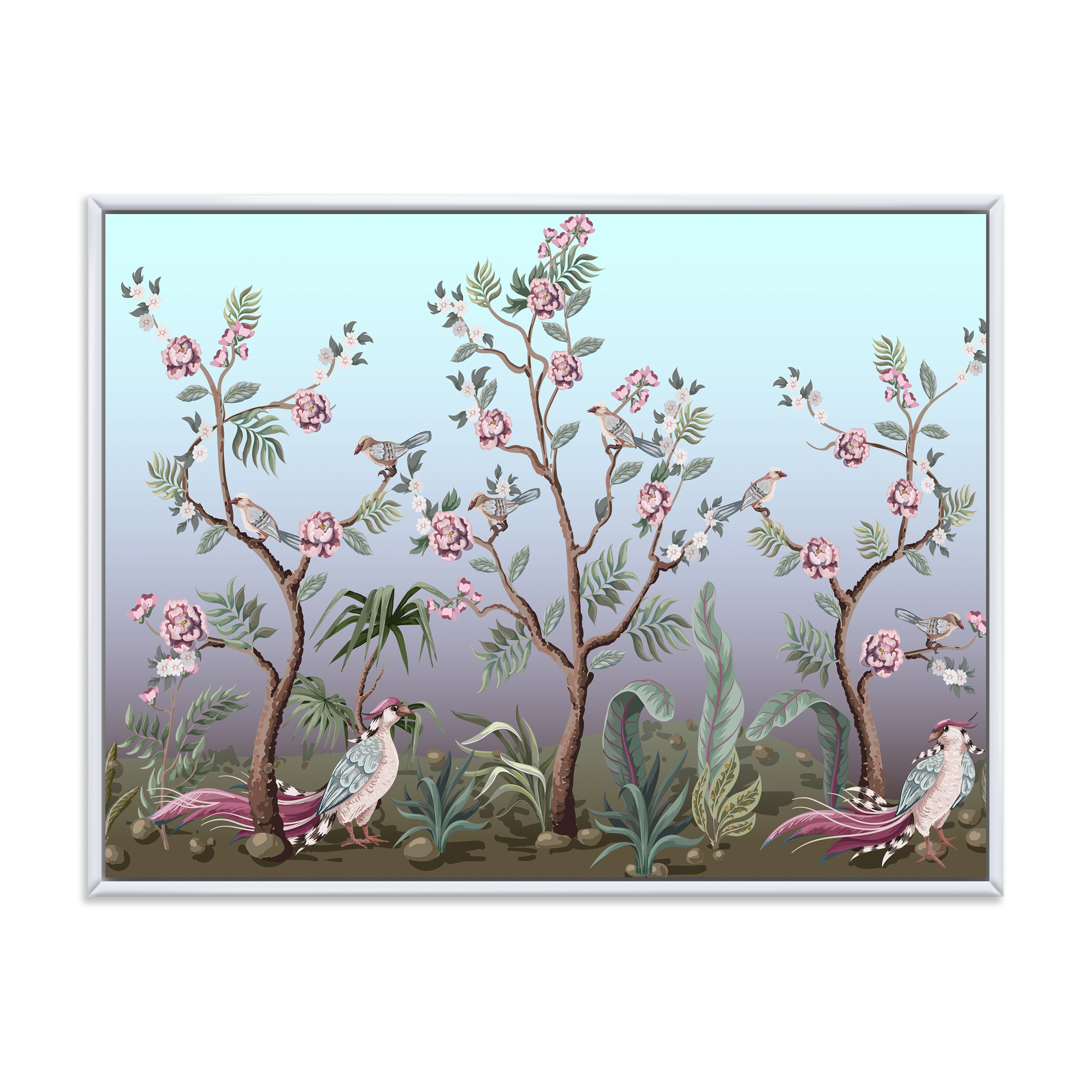 Designart 'Chinoiserie With Peonies and Birds II' Traditional Framed Canvas Wall Art Print