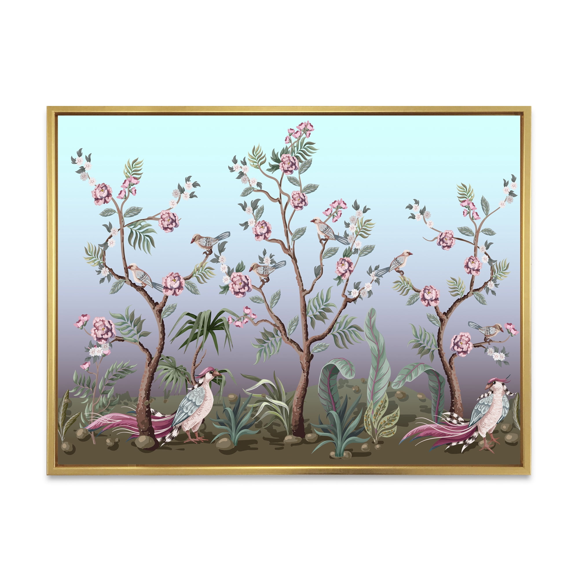 Designart 'Chinoiserie With Peonies and Birds II' Traditional Framed Canvas Wall Art Print