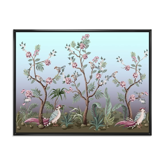 Designart 'Chinoiserie With Peonies and Birds II' Traditional Framed Canvas Wall Art Print