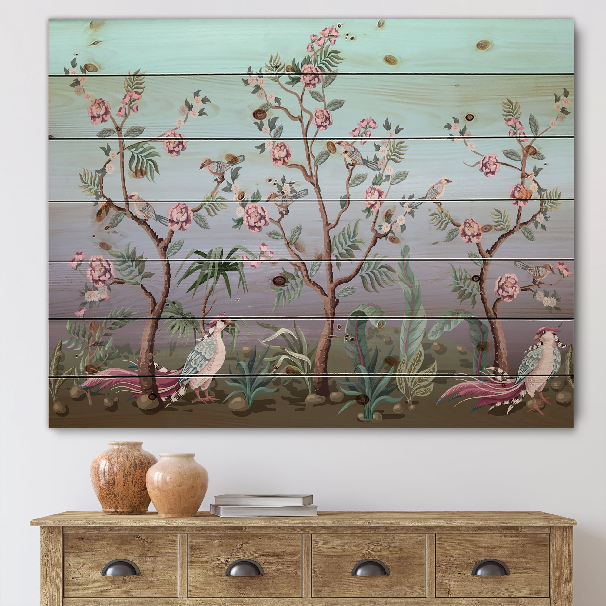 Designart 'Chinoiserie With Peonies and Birds II' Traditional Print on Natural Pine Wood