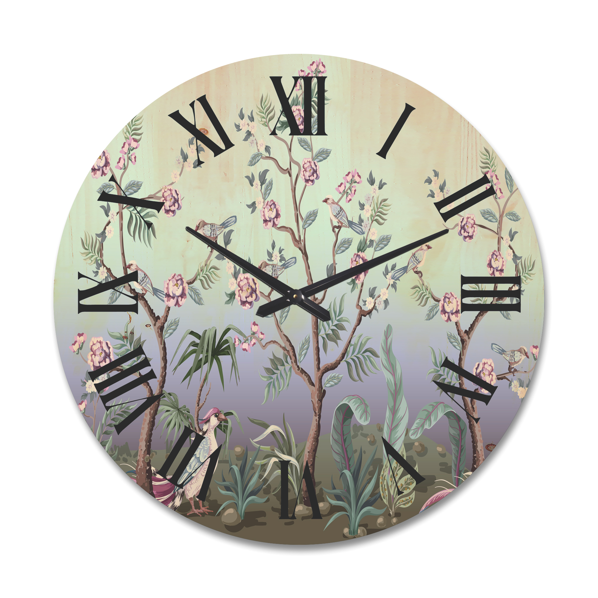 Designart 'Chinoiserie With Peonies and Birds II' Traditional Wood Wall Clock