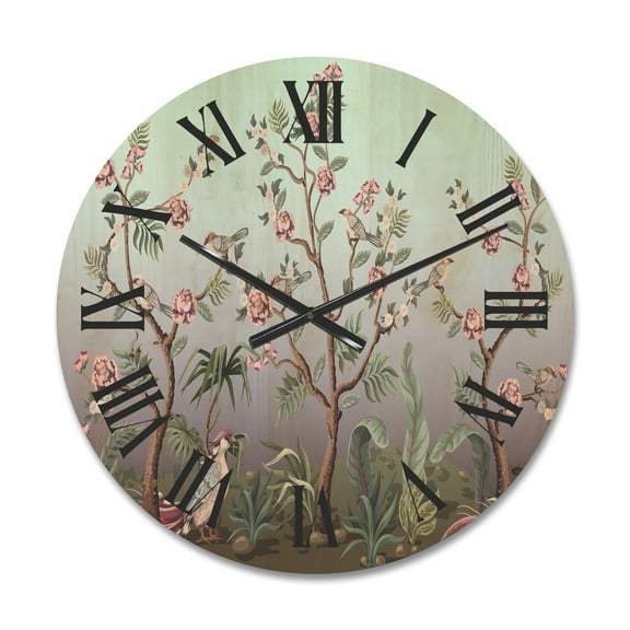 Designart 'Chinoiserie With Peonies and Birds II' Traditional Wood Wall Clock