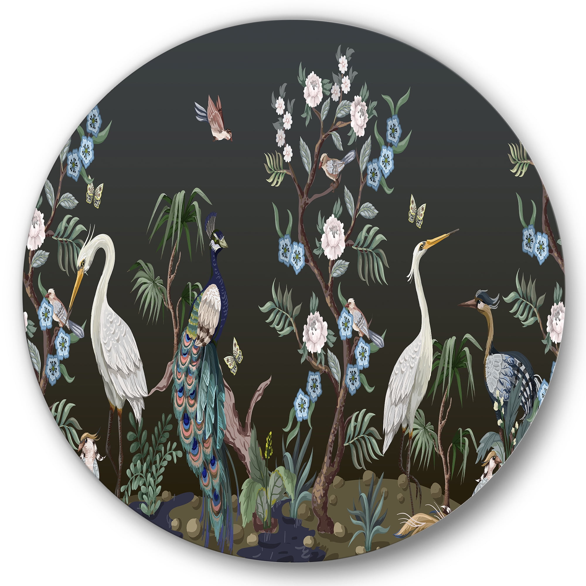 Designart 'Chinoiserie With Peonies and Birds IV' Traditional Circle Metal Wall Art 11x11 - Disc of 11