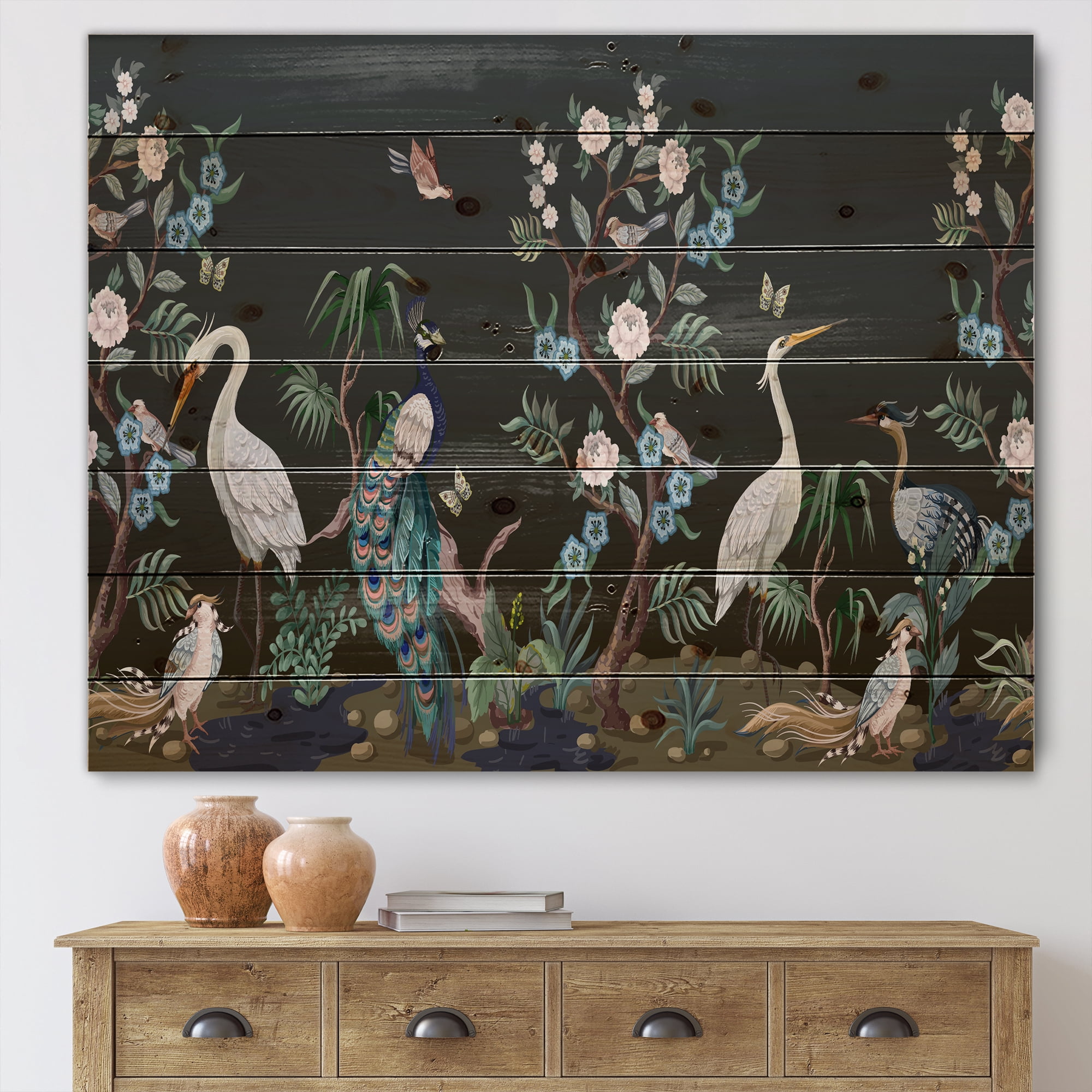 Designart 'Chinoiserie With Peonies and Birds IV' Traditional Print on Natural Pine Wood