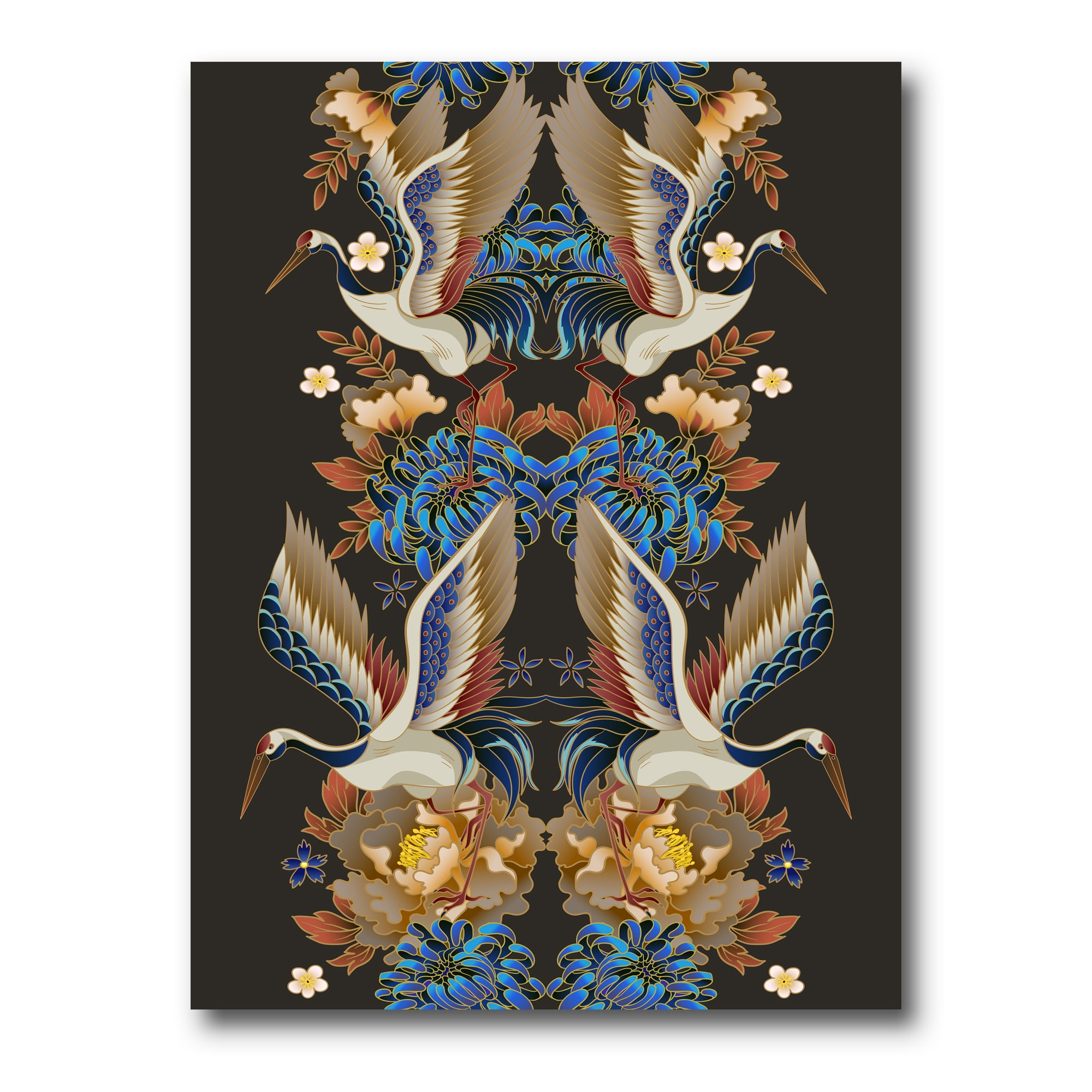 Traditional Blue and Black Canvas Wall Art with Birds and Peonies