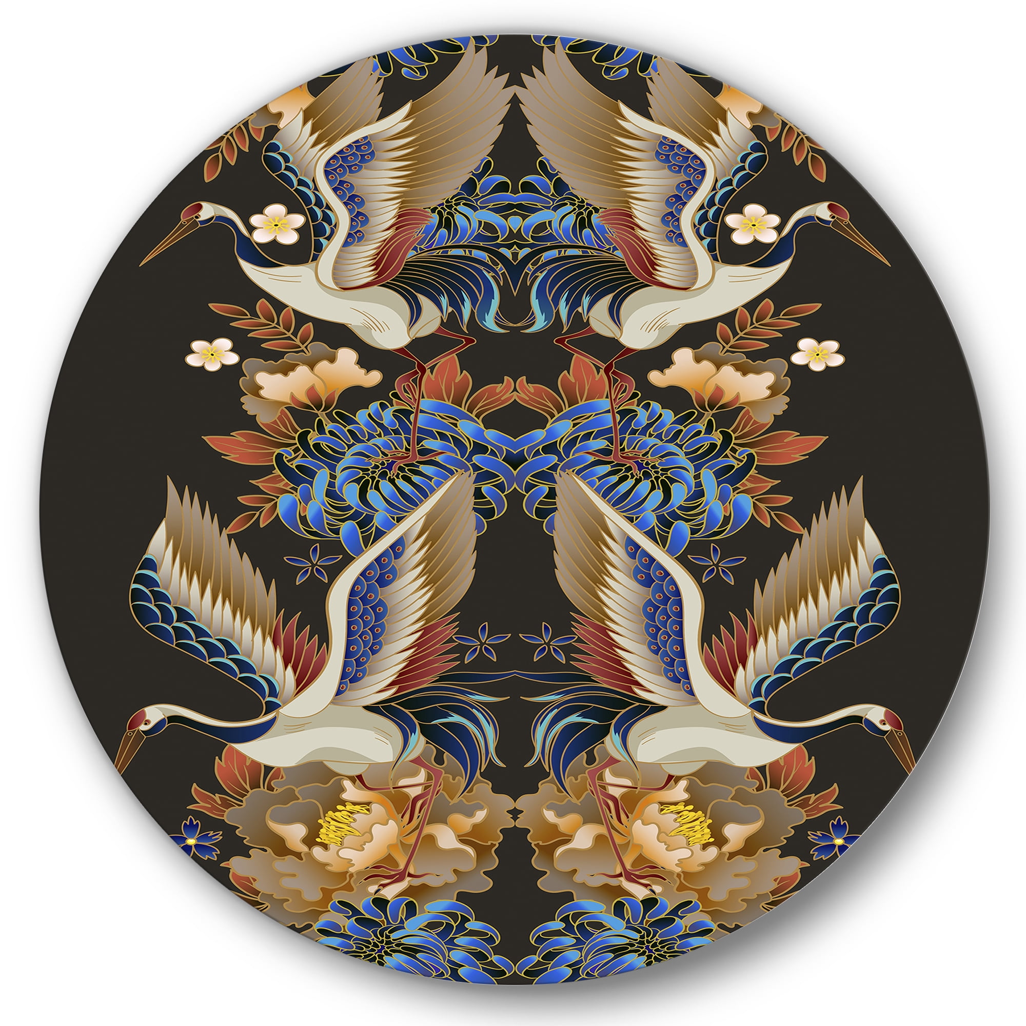 Designart 'Chinoiserie With Peonies and Birds IX' Traditional Circle Metal Wall Art 23x23 - Disc of 23
