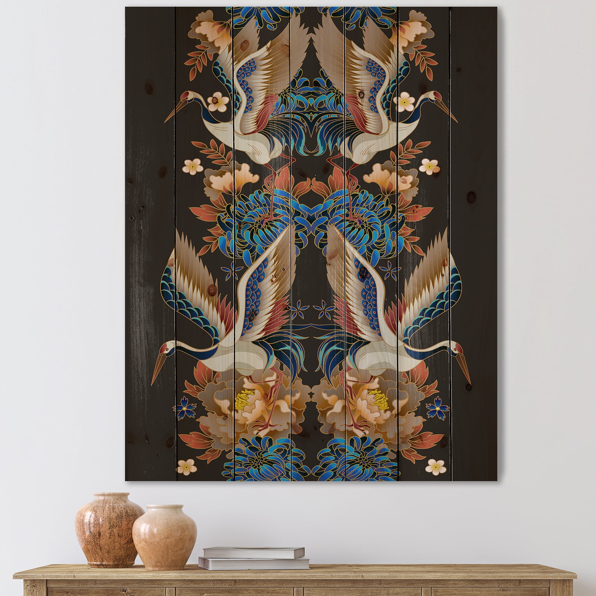 Traditional Floral Print on Natural Pine Wood Wall Art