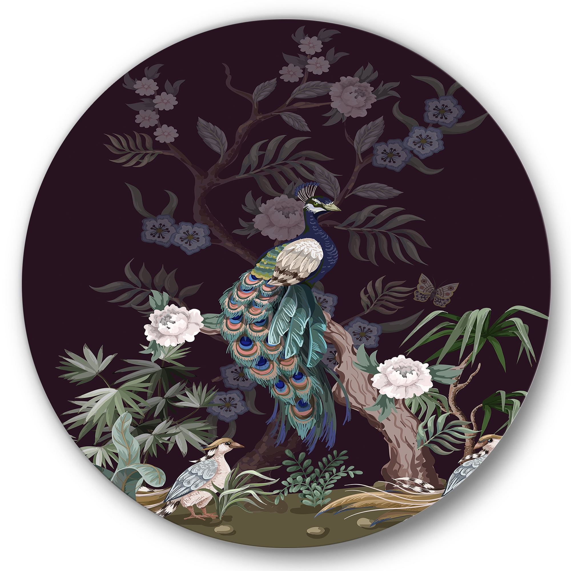 Designart 'Chinoiserie With Peonies and Birds V' Traditional Circle Metal Wall Art 36x36 - Disc of 36