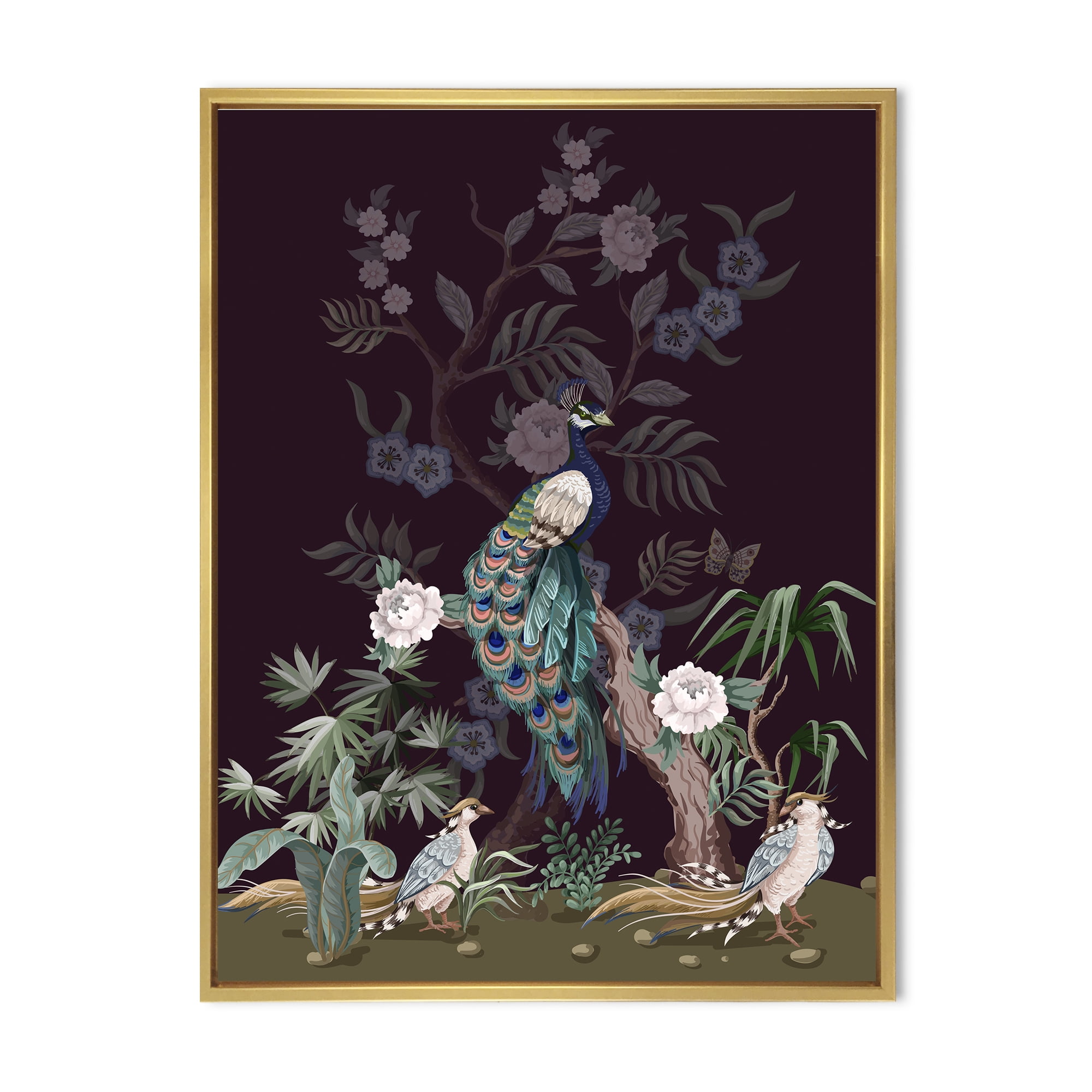 Designart 'Chinoiserie With Peonies and Birds V' Traditional Framed Canvas Wall Art Print