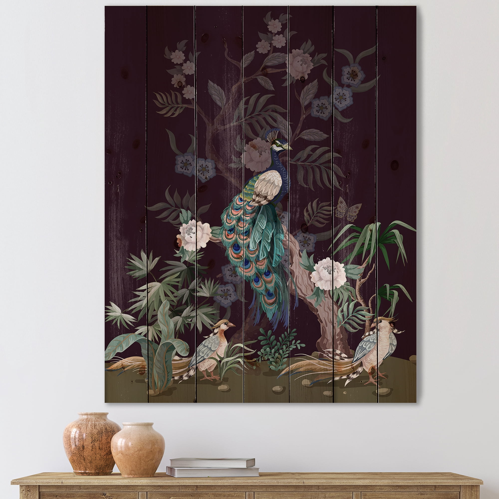 Designart 'Chinoiserie With Peonies and Birds V' Traditional Print on Natural Pine Wood