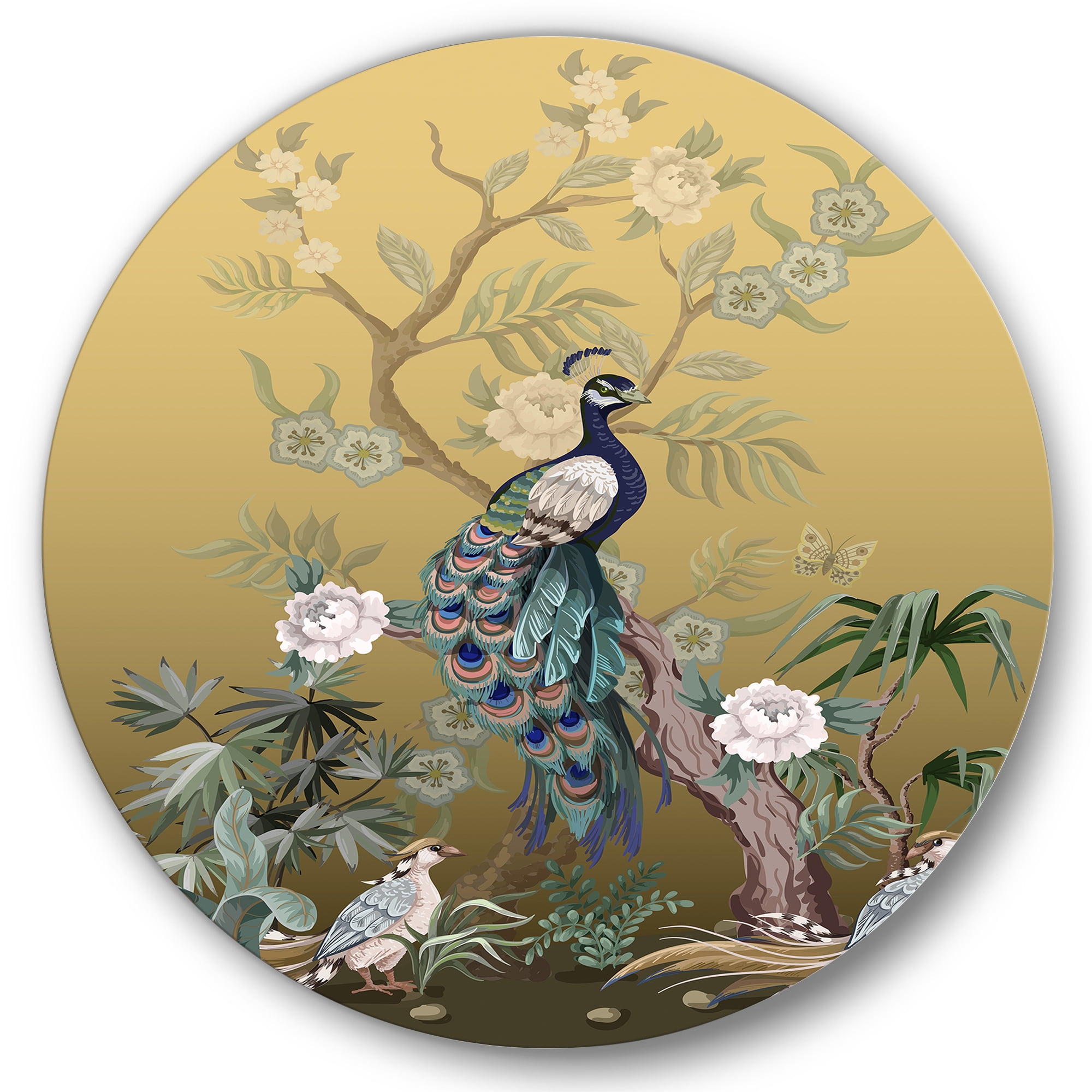 Designart 'Chinoiserie With Peonies and Birds VI' Traditional Circle Metal Wall Art 36x36 - Disc of 36